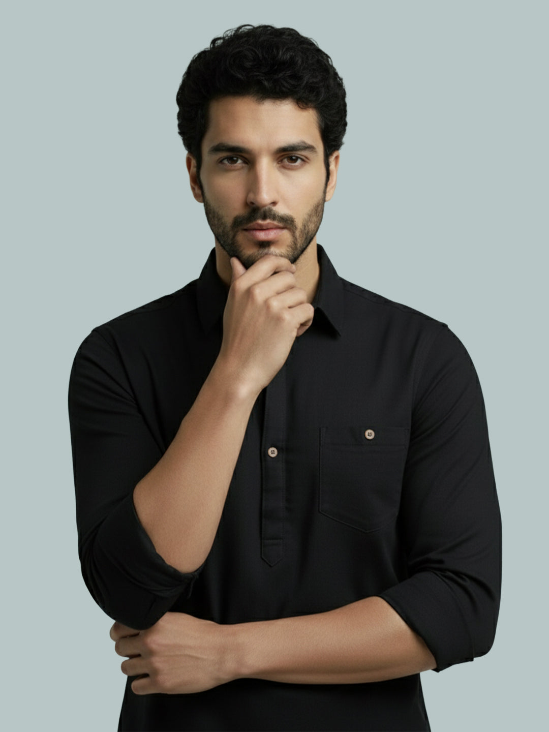 TerraDesi Men's Solid Cotton Short Kurta | Casual Full Sleeve Regular Fit (SE89)