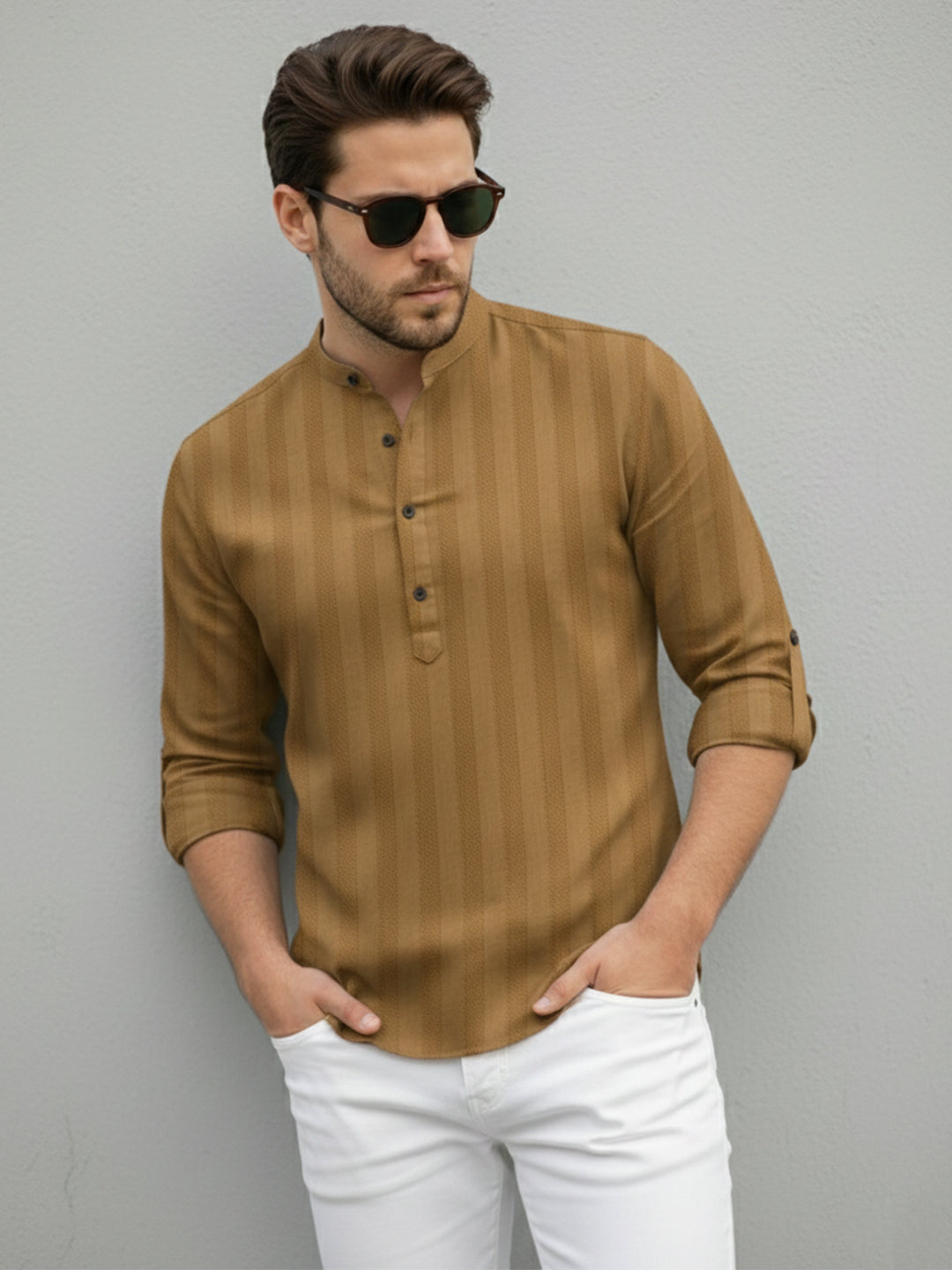 100% Cotton Gold Mens Strip Full Sleeve Kurta Secondary image
