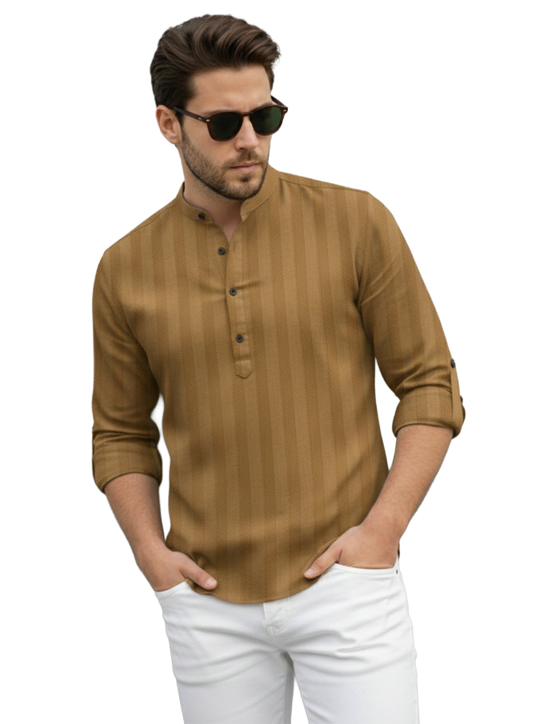 TerraDesi Men's Gold Vertical Stripe Cotton Short Kurta