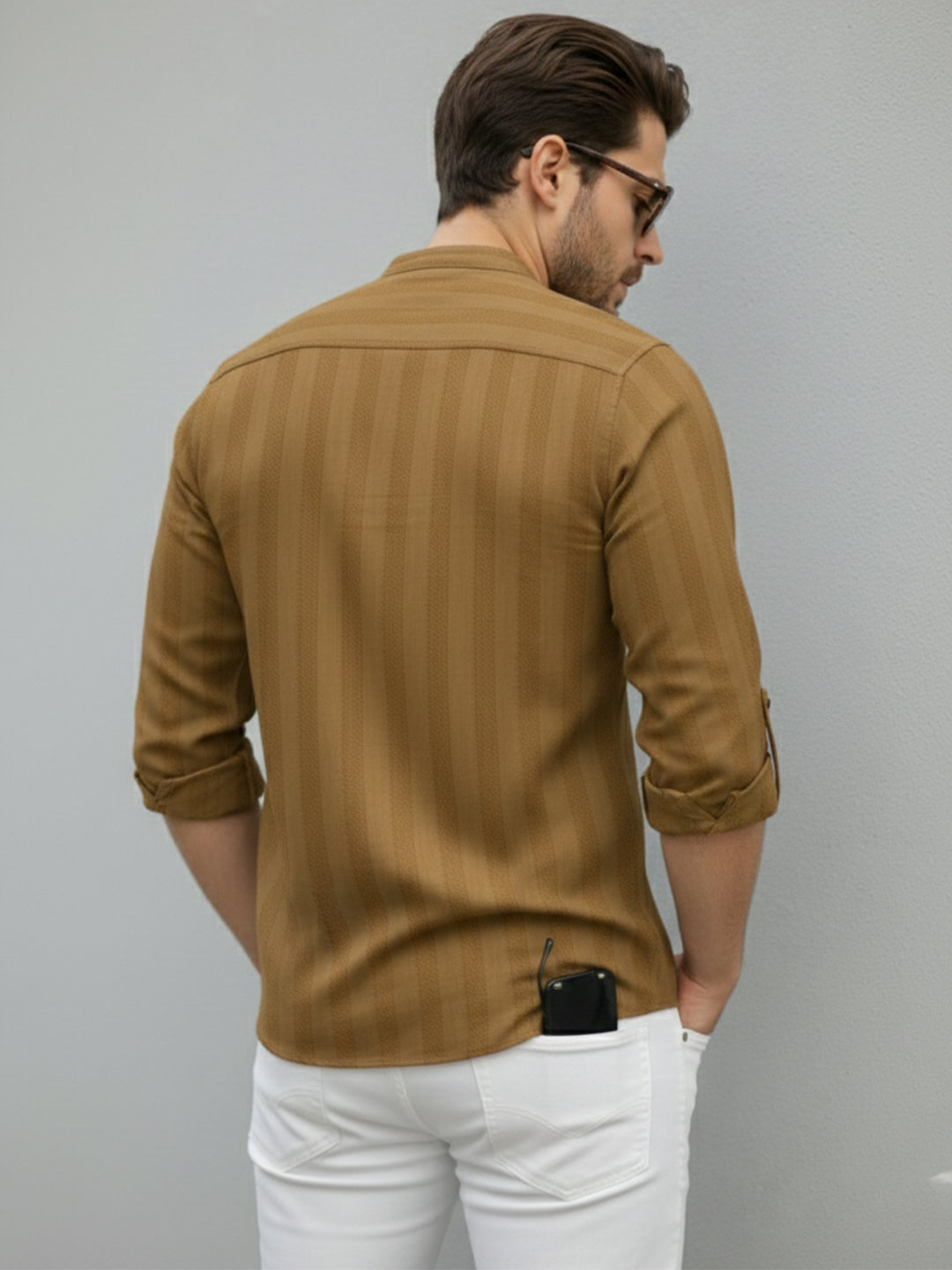 TerraDesi Men's Gold Vertical Stripe Cotton Short Kurta