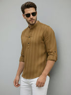 TerraDesi Men's Gold Vertical Stripe Cotton Short Kurta