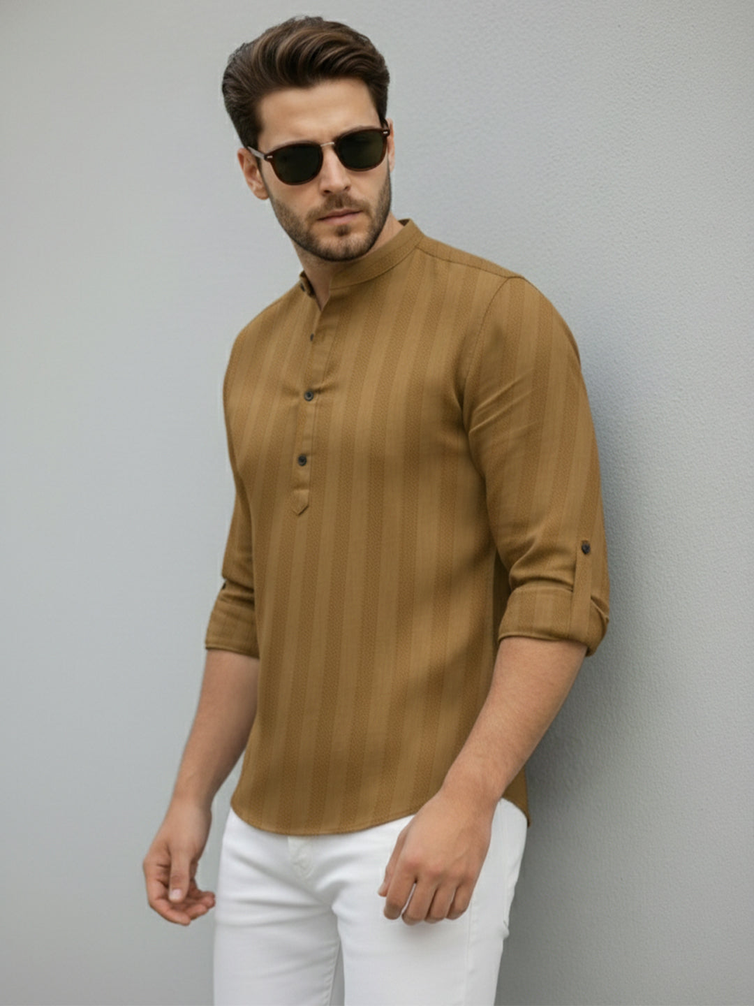 TerraDesi Men's Gold Vertical Stripe Cotton Short Kurta