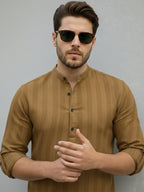 TerraDesi Men's Gold Vertical Stripe Cotton Short Kurta