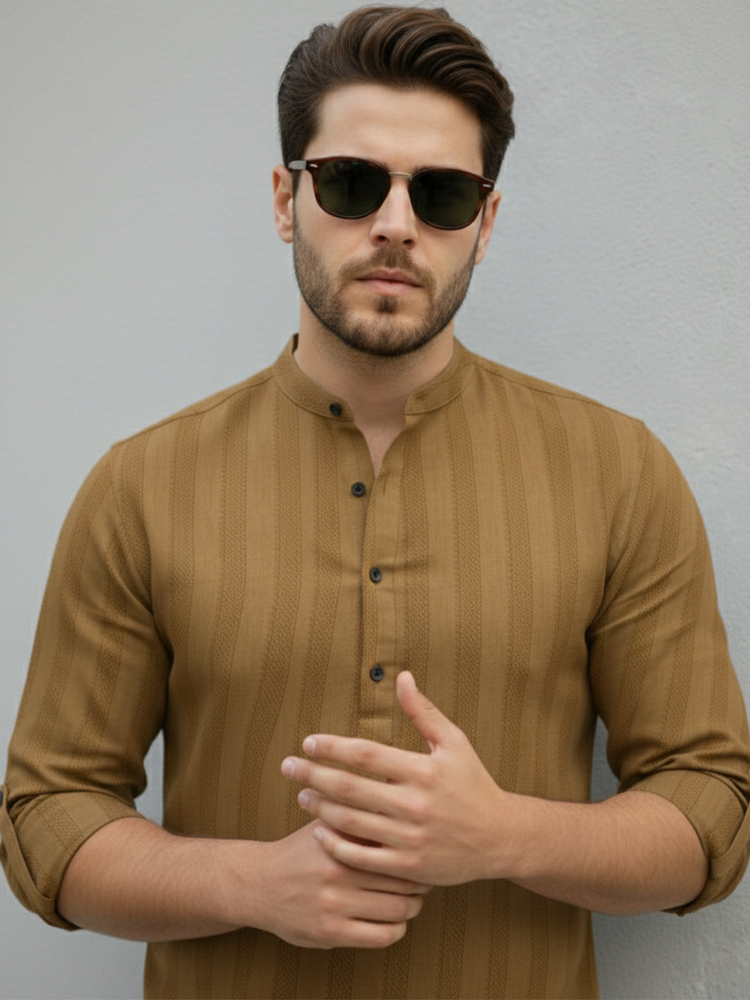 TerraDesi Men's Gold Vertical Stripe Cotton Short Kurta