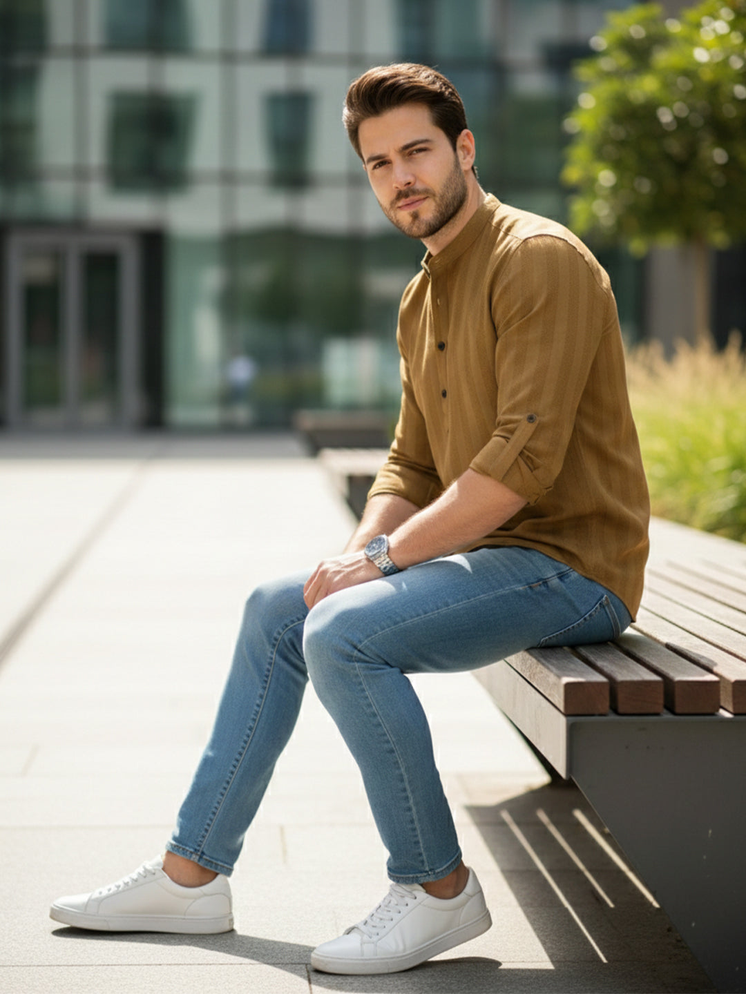 100% Cotton Gold Mens Strip Full Sleeve Kurta Main image