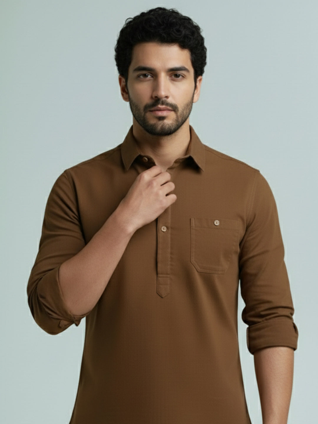 TerraDesi Men's Solid Cotton Short Kurta | Casual Full Sleeve Regular Fit (SE89)