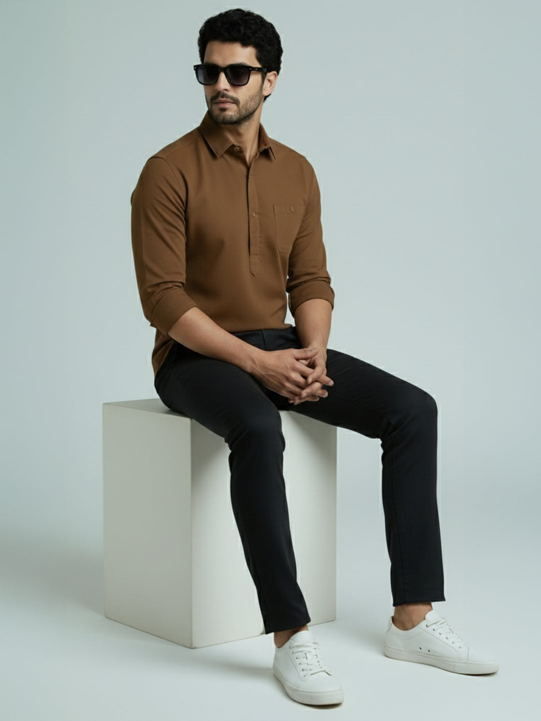 TerraDesi Men's Solid Cotton Short Kurta | Casual Full Sleeve Regular Fit (SE89)