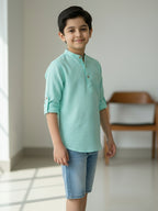 TerraDesi Junior Mint Serenity Solid Cotton Short Kurta
