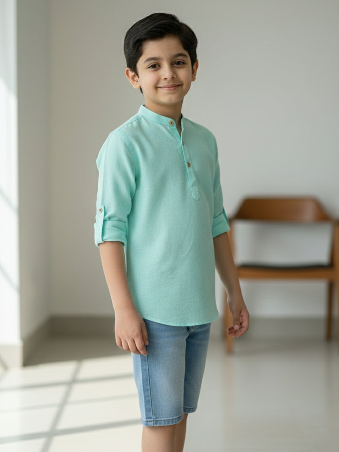 TerraDesi Junior Mint Serenity Solid Cotton Short Kurta