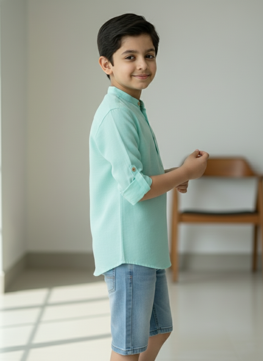 TerraDesi Junior Mint Serenity Solid Cotton Short Kurta