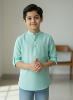 TerraDesi Junior Mint Serenity Solid Cotton Short Kurta