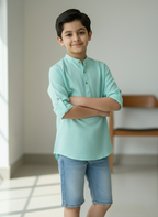 TerraDesi Junior Mint Serenity Solid Cotton Short Kurta