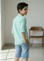 TerraDesi Junior Mint Serenity Solid Cotton Short Kurta