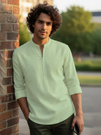 TerraDesi Sand Beige Cotton Kurta for Men | Zipper Closure Mandarin Collar Kurta