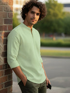 TerraDesi Sand Beige Cotton Kurta for Men | Zipper Closure Mandarin Collar Kurta