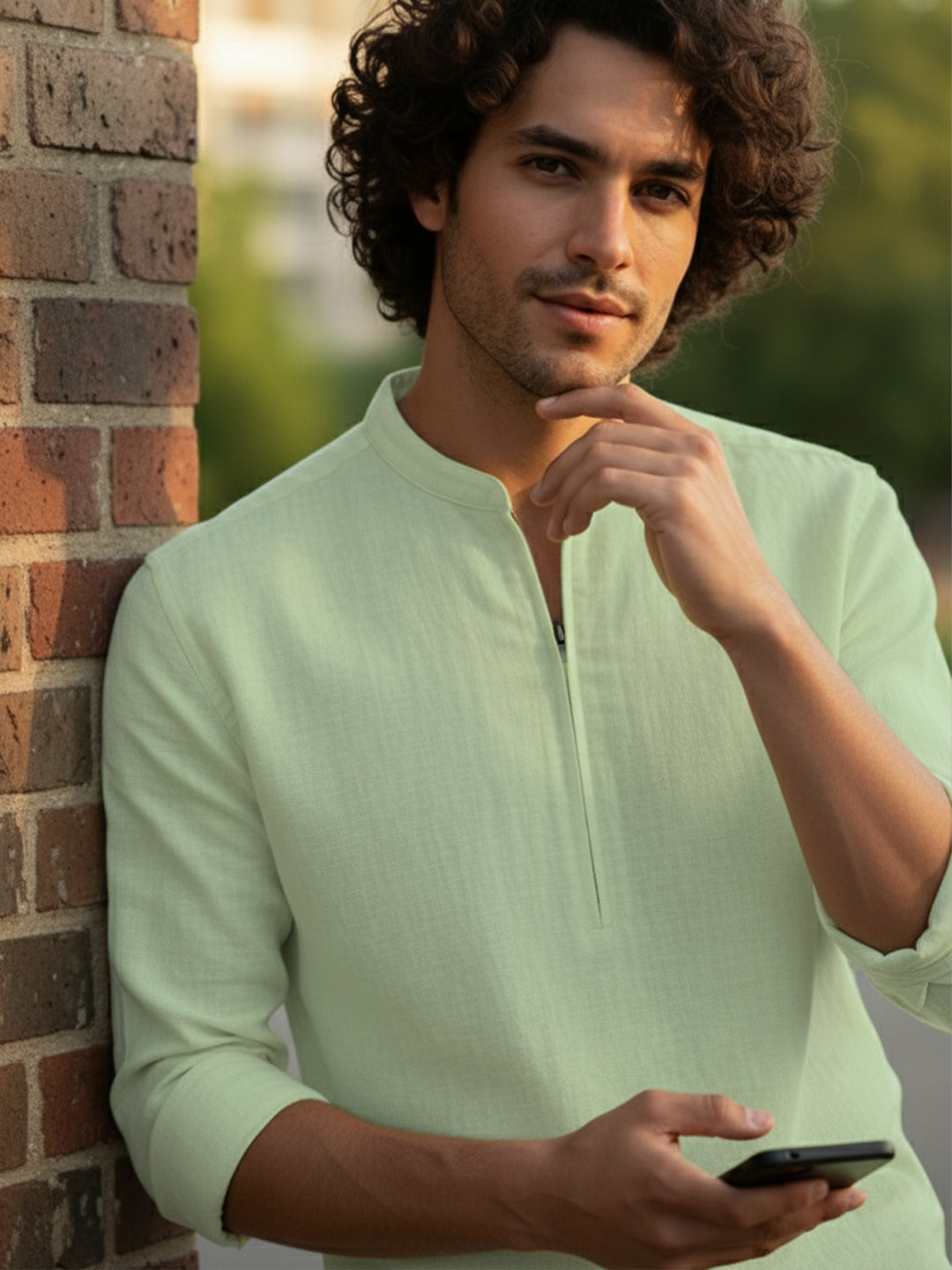 TerraDesi Sand Beige Cotton Kurta for Men | Zipper Closure Mandarin Collar Kurta
