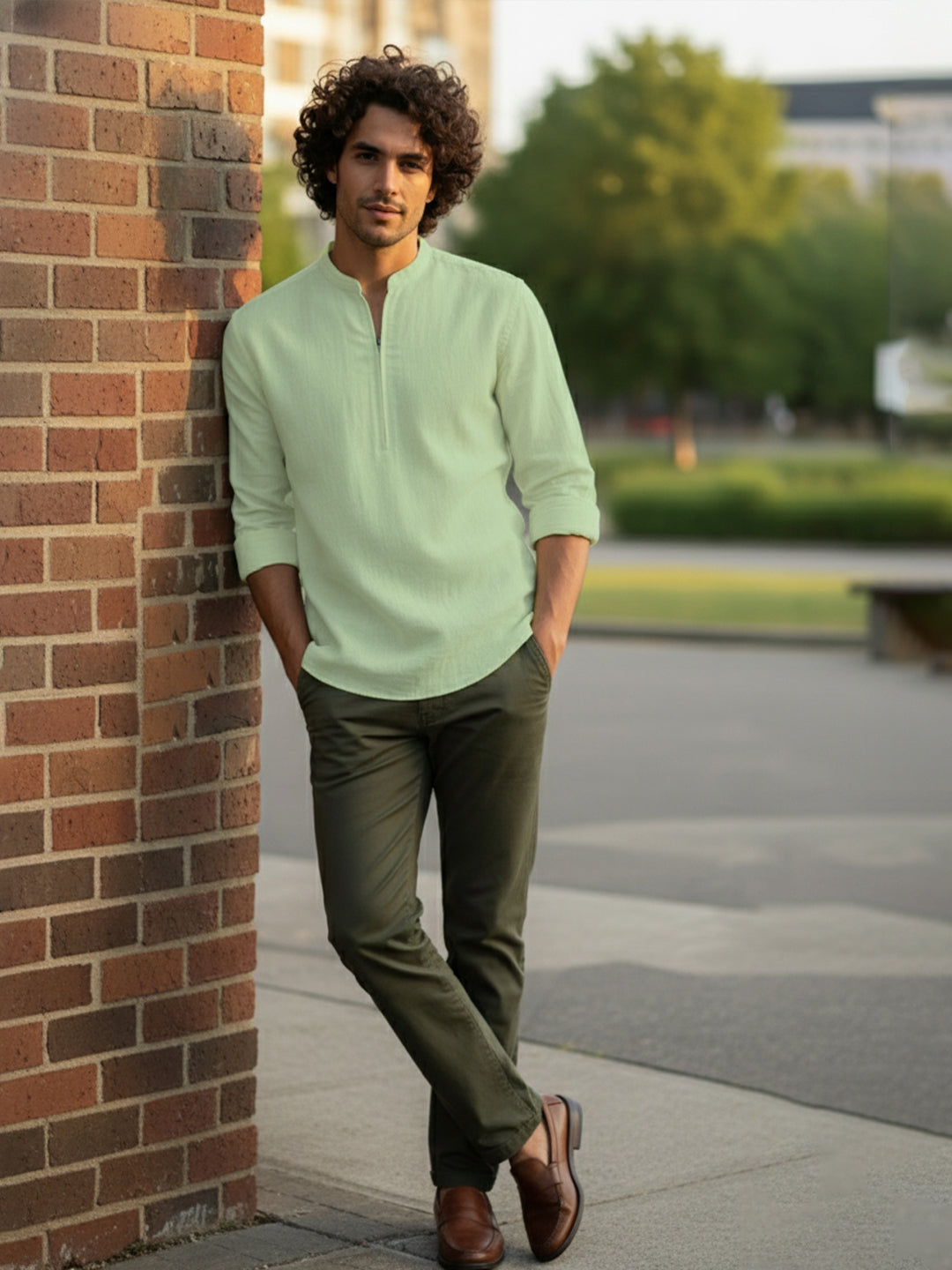 TerraDesi Sand Beige Cotton Kurta for Men | Zipper Closure Mandarin Collar Kurta