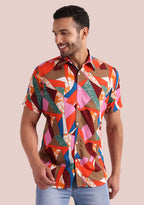 TerraDesi Multi-Hue Abstract Geometric Viscose Rayon Shirt