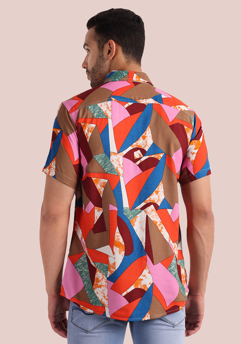 TerraDesi Multi-Hue Abstract Geometric Viscose Rayon Shirt