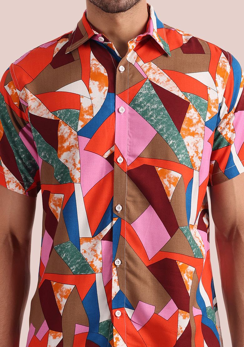 TerraDesi Multi-Hue Abstract Geometric Viscose Rayon Shirt