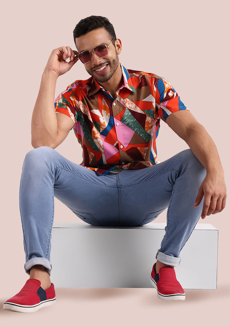 TerraDesi Multi-Hue Abstract Geometric Viscose Rayon Shirt