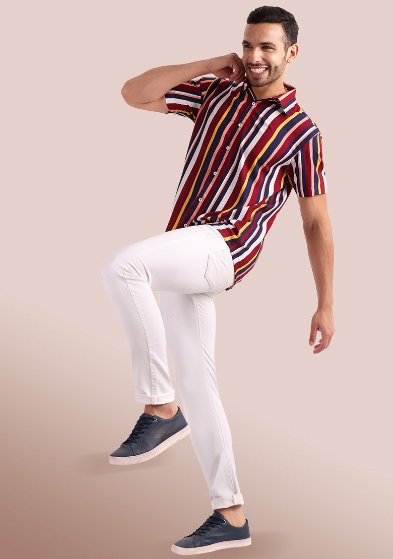 TerraDesi Men’s Maroon & Navy Multi-Color Vertical Stripe Viscose Rayon Shirt - Regular Fit Casual Half Sleeve