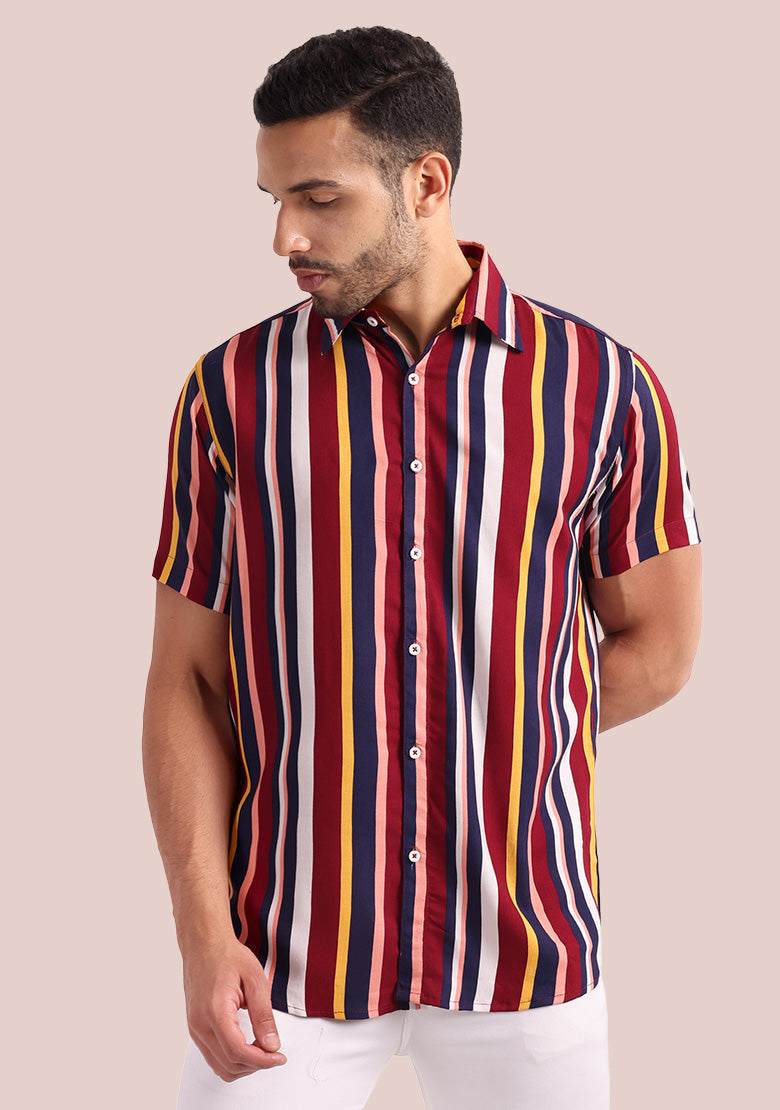 TerraDesi Men’s Maroon & Navy Multi-Color Vertical Stripe Viscose Rayon Shirt - Regular Fit Casual Half Sleeve Secondary image