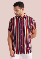TerraDesi Men’s Maroon & Navy Multi-Color Vertical Stripe Viscose Rayon Shirt - Regular Fit Casual Half Sleeve