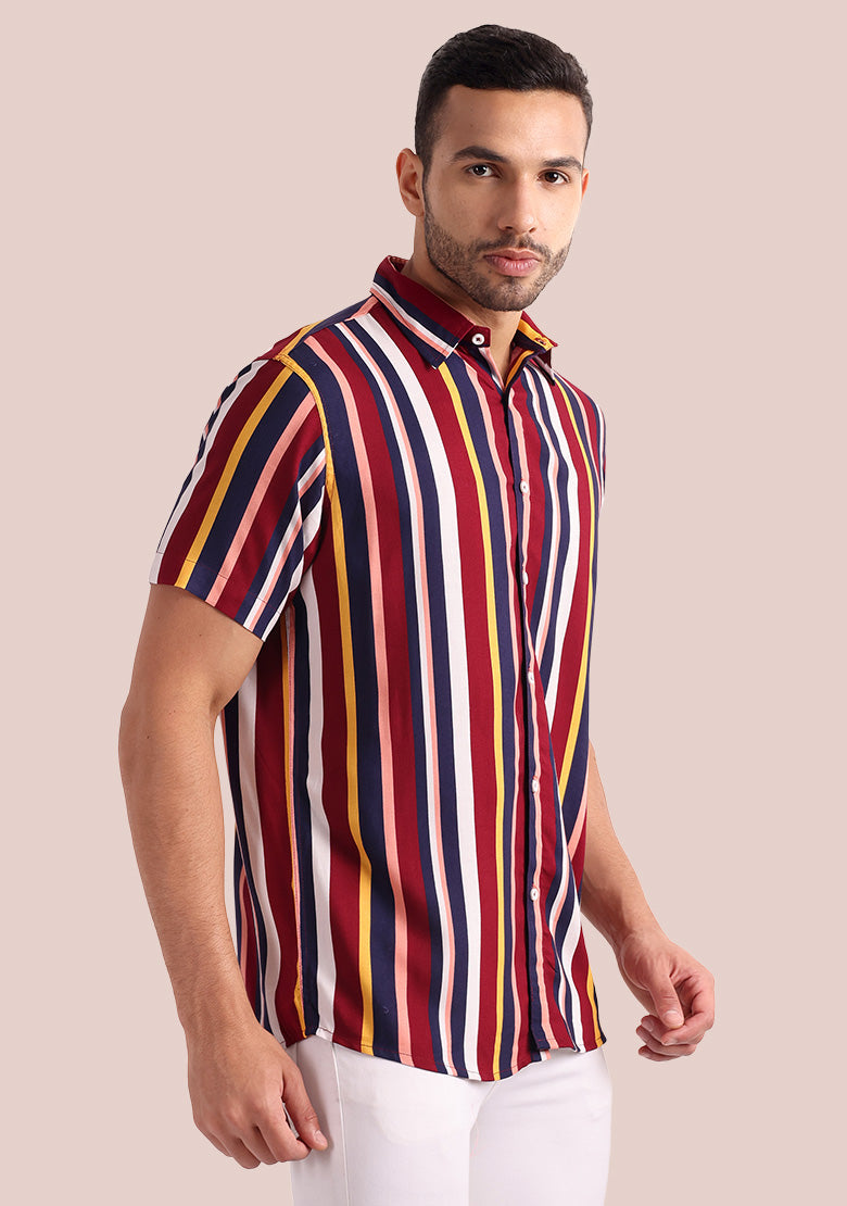 TerraDesi Men’s Maroon & Navy Multi-Color Vertical Stripe Viscose Rayon Shirt - Regular Fit Casual Half Sleeve