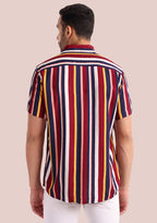 TerraDesi Men’s Maroon & Navy Multi-Color Vertical Stripe Viscose Rayon Shirt - Regular Fit Casual Half Sleeve