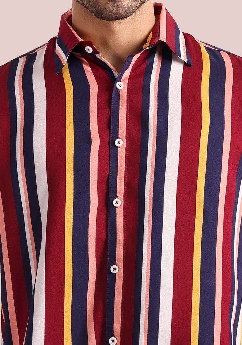 TerraDesi Men’s Maroon & Navy Multi-Color Vertical Stripe Viscose Rayon Shirt - Regular Fit Casual Half Sleeve