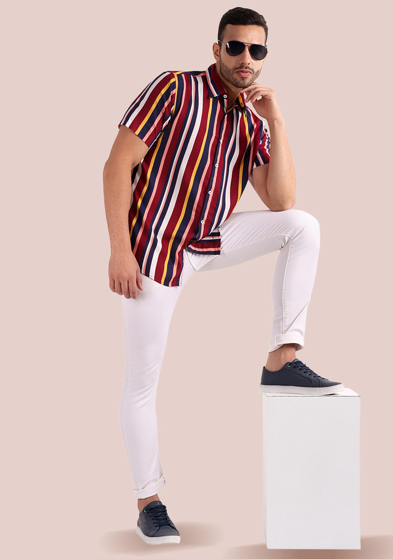 TerraDesi Men’s Maroon & Navy Multi-Color Vertical Stripe Viscose Rayon Shirt - Regular Fit Casual Half Sleeve