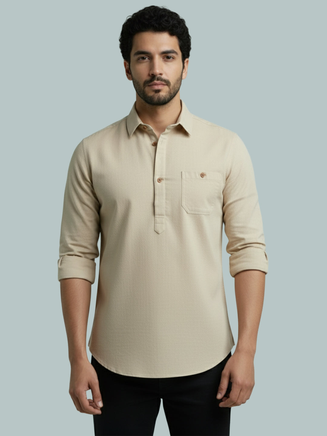 TerraDesi Men's Solid Cotton Short Kurta | Casual Full Sleeve Regular Fit (SE89) Secondary image