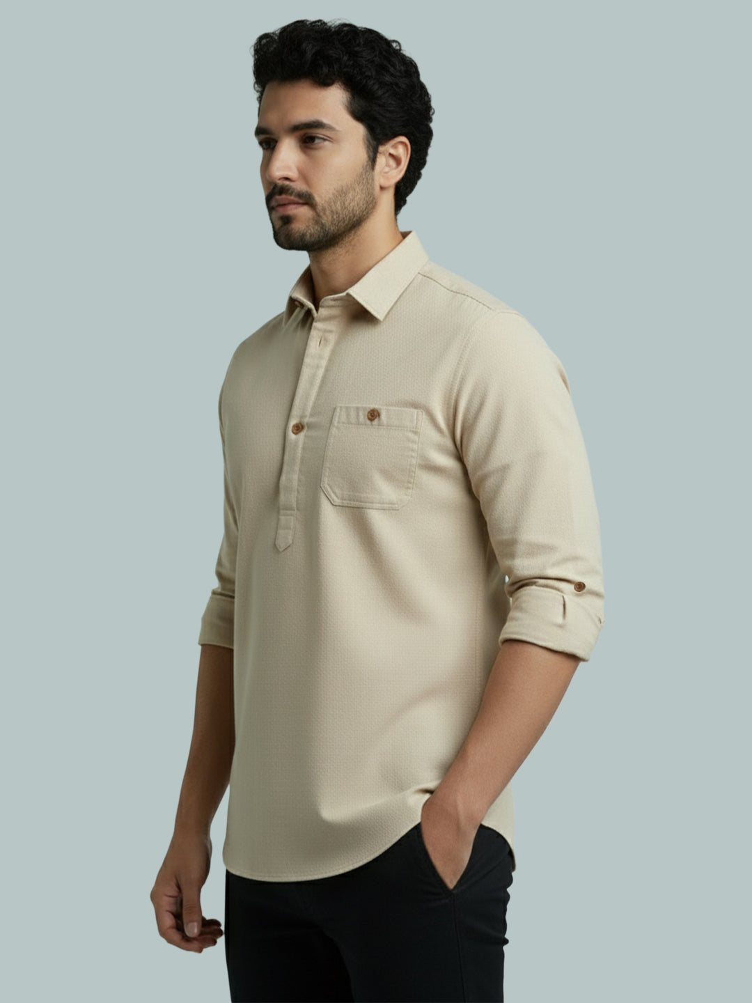 TerraDesi Men's Solid Cotton Short Kurta | Casual Full Sleeve Regular Fit (SE89)