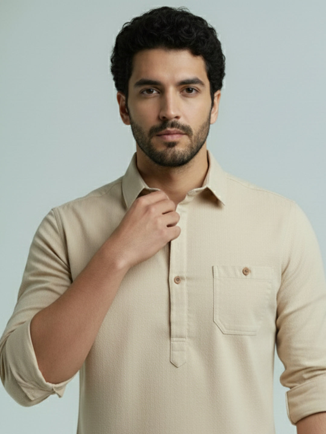 TerraDesi Men's Solid Cotton Short Kurta | Casual Full Sleeve Regular Fit (SE89)