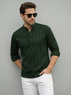 TerraDesi Men's Dark Green Vertical Stripe Cotton Short Kurta