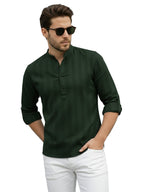 TerraDesi Men's Dark Green Vertical Stripe Cotton Short Kurta