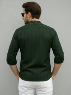 TerraDesi Men's Dark Green Vertical Stripe Cotton Short Kurta