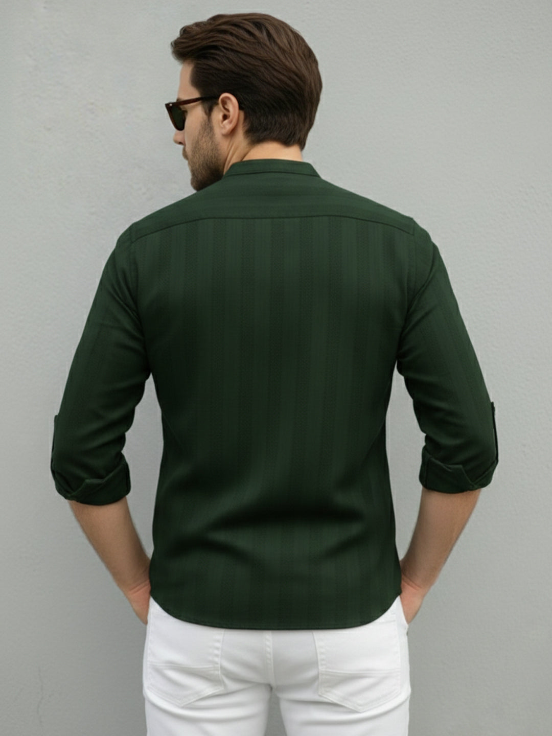 TerraDesi Men's Dark Green Vertical Stripe Cotton Short Kurta