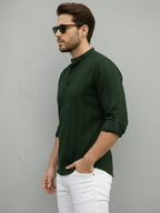 TerraDesi Men's Dark Green Vertical Stripe Cotton Short Kurta