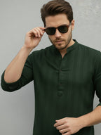 TerraDesi Men's Dark Green Vertical Stripe Cotton Short Kurta
