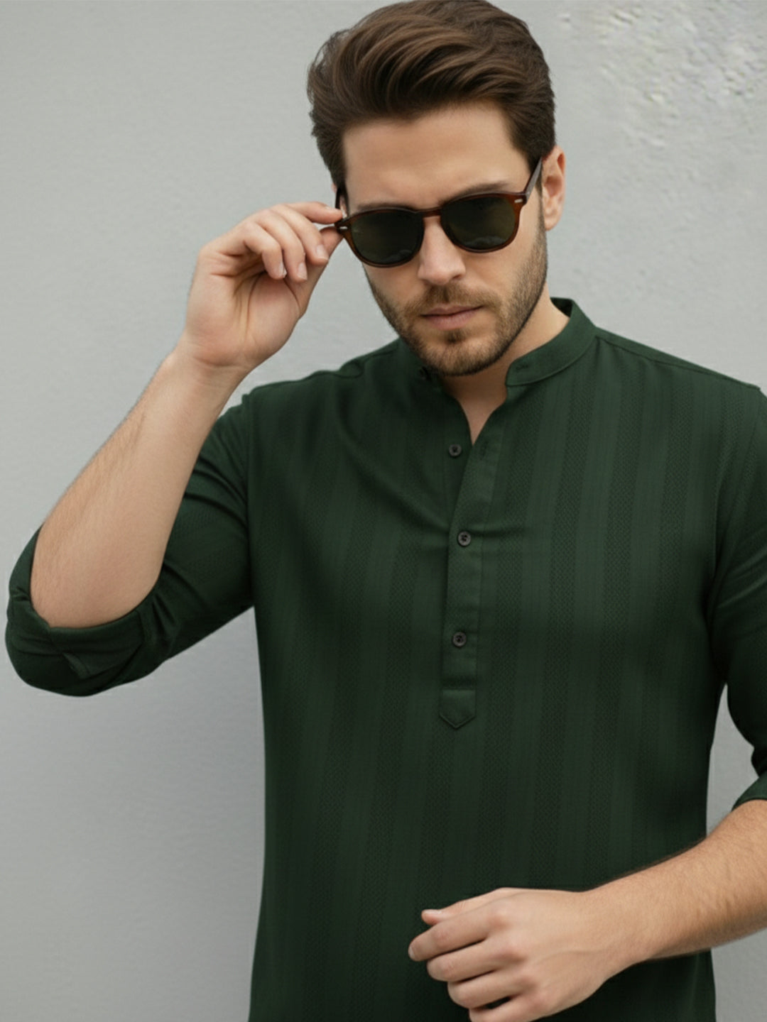 TerraDesi Men's Dark Green Vertical Stripe Cotton Short Kurta