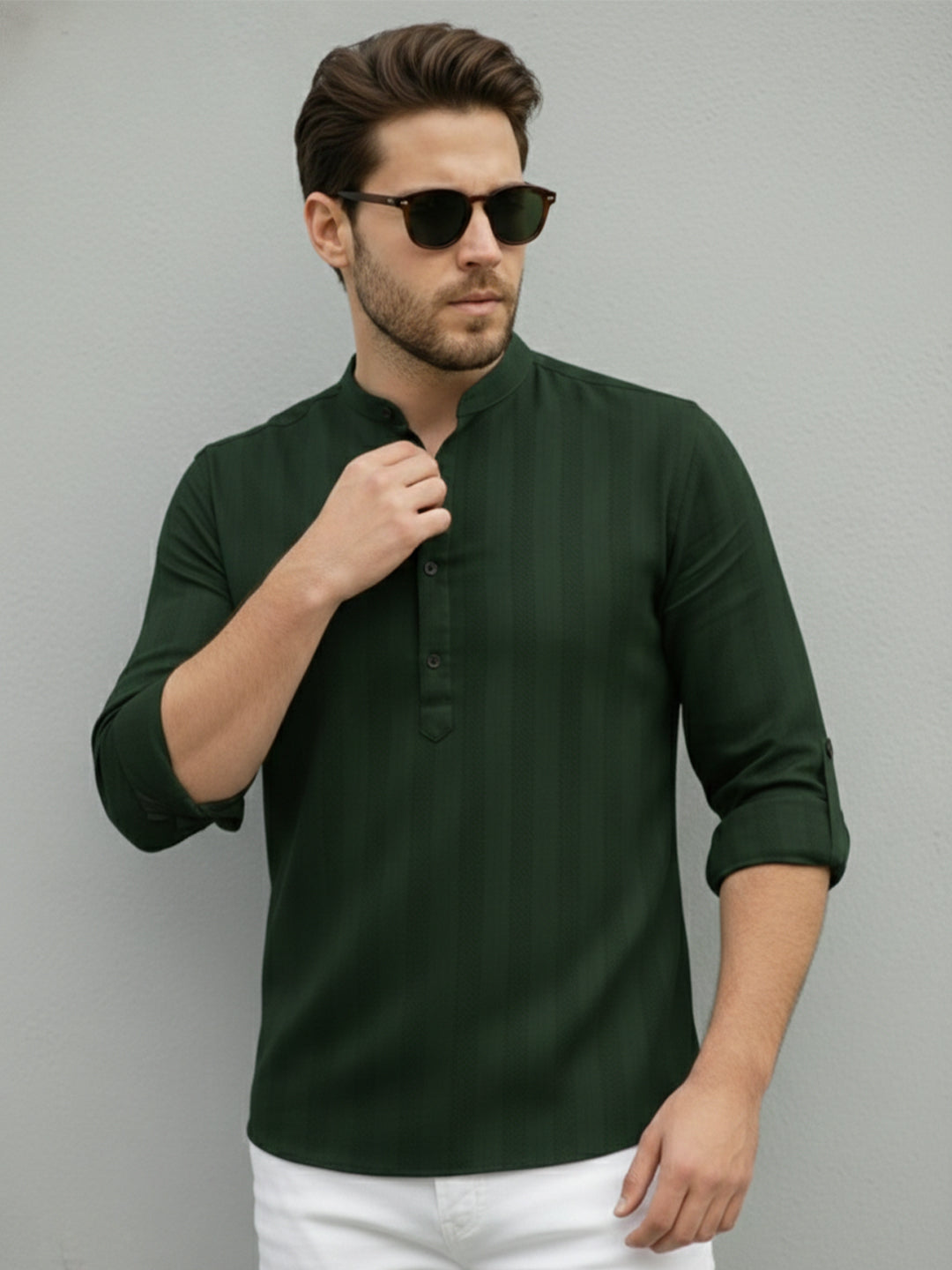 TerraDesi Men's Dark Green Vertical Stripe Cotton Short Kurta