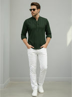 TerraDesi Men's Dark Green Vertical Stripe Cotton Short Kurta