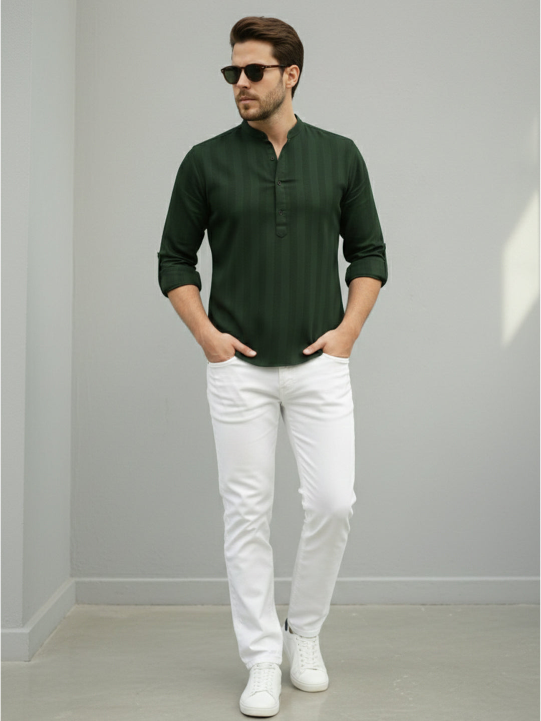 TerraDesi Men's Dark Green Vertical Stripe Cotton Short Kurta