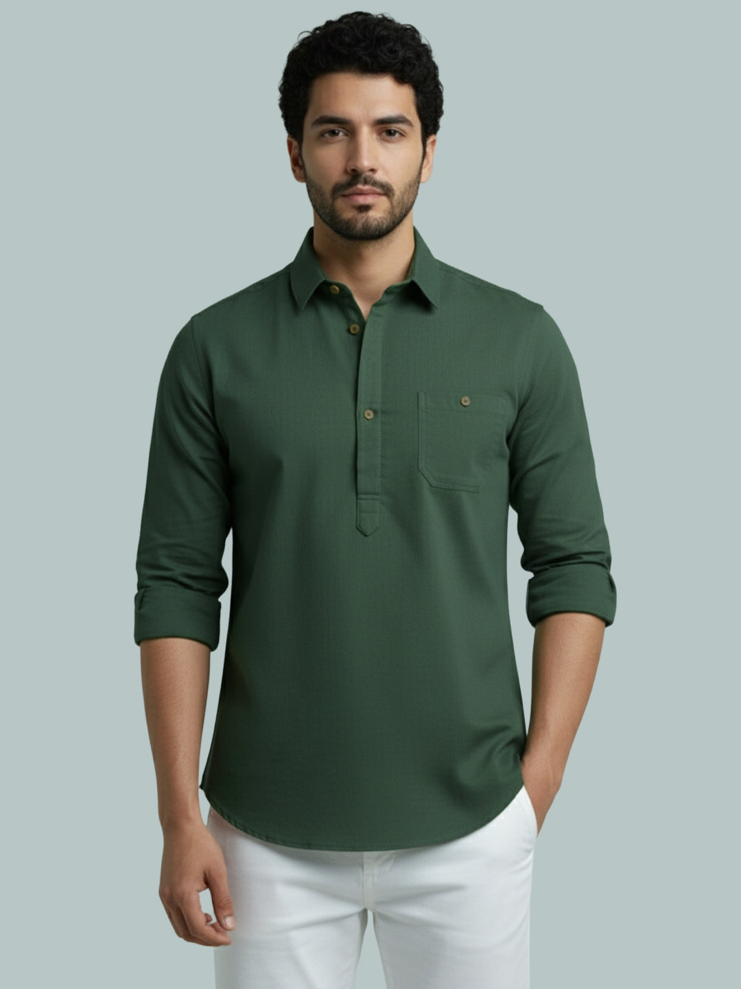 TerraDesi Men's Solid Cotton Short Kurta | Casual Full Sleeve Regular Fit (SE89)
