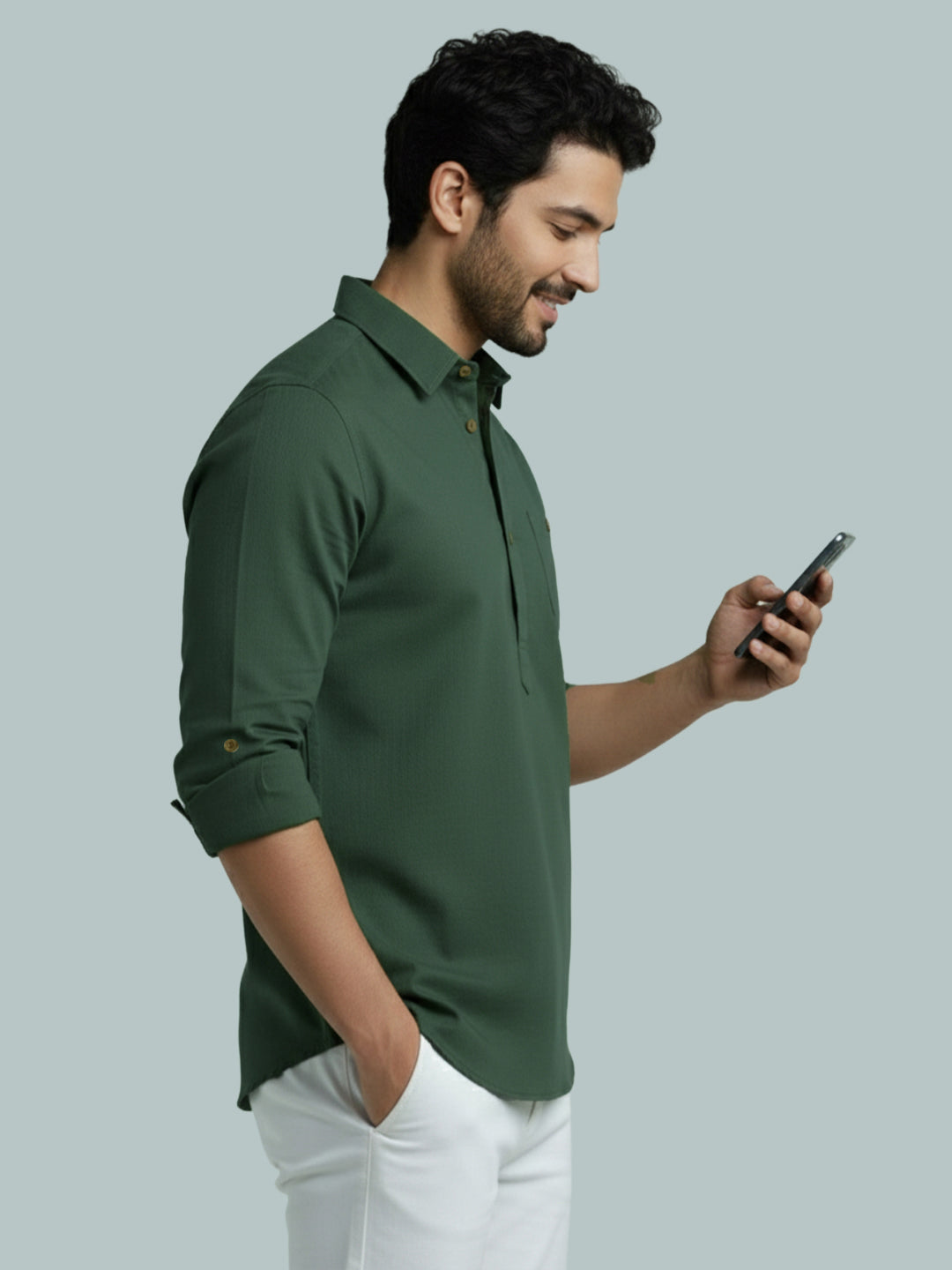 TerraDesi Men's Solid Cotton Short Kurta | Casual Full Sleeve Regular Fit (SE89)