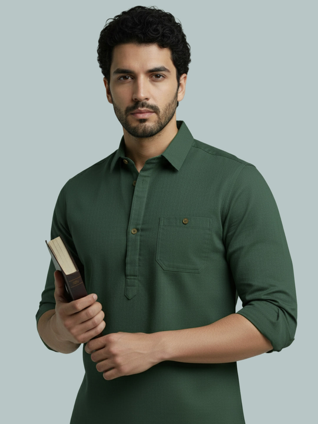 TerraDesi Men's Solid Cotton Short Kurta | Casual Full Sleeve Regular Fit (SE89)