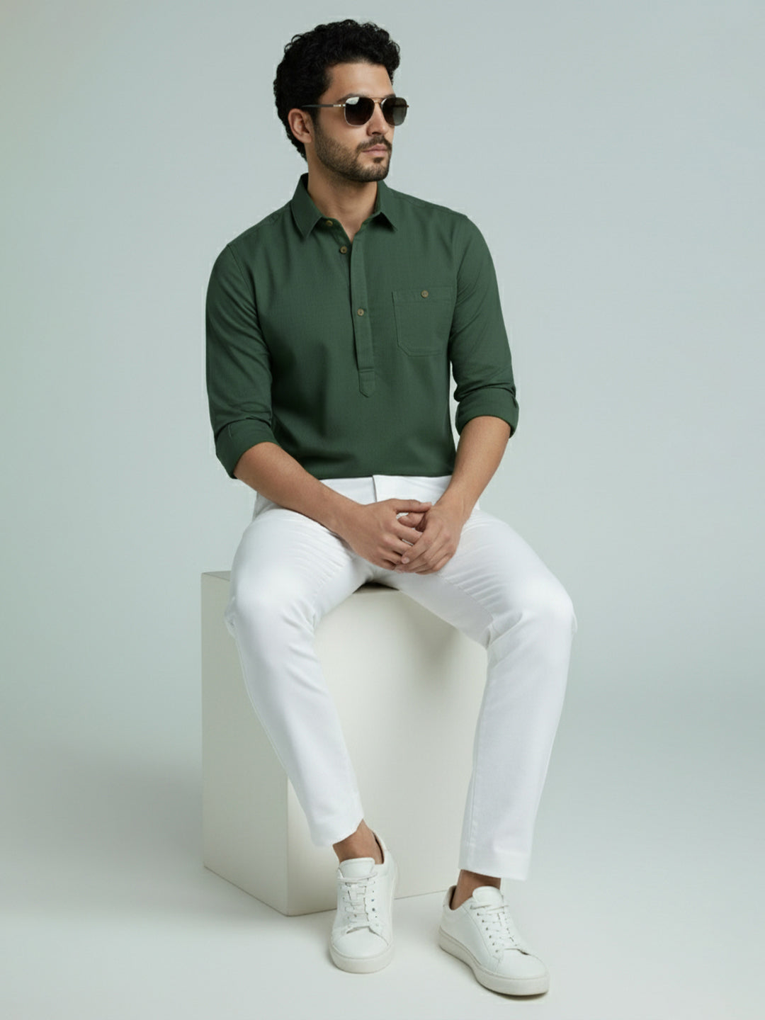 TerraDesi Men's Solid Cotton Short Kurta | Casual Full Sleeve Regular Fit (SE89)