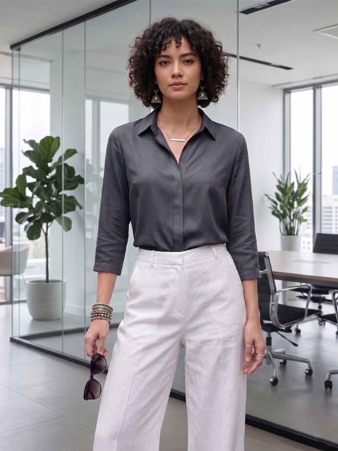 Charcoal Grace Satin Shirt – Modern Office Luxe